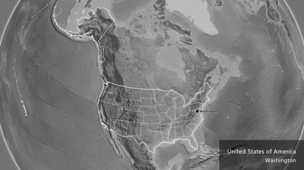 Close-up of the United States of America border area and its regional borders on a grayscale map. Capital point. Outline around the country shape. English name of the country and its capital