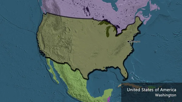 美利坚合众国边境地区的特写镜头突出显示了行政地图上的黑暗阴影 资本点 这个国家的边缘呈斜角状 国家及其首都的英文名称 — 图库照片