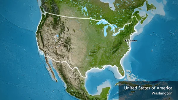 衛星地図上の米国の国境地域の閉鎖 資本ポイント 国の形の周りに光る 英名国とその首都 — ストック写真