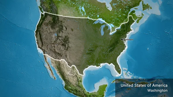 美利坚合众国边境地区的特写镜头 用卫星地图上的黑暗阴影突出显示 资本点 风靡全国各地 国家及其首都的英文名称 — 图库照片