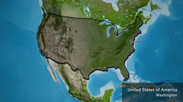 美利坚合众国边境地区的特写镜头 用卫星地图上的黑暗阴影突出显示 资本点 这个国家的边缘呈斜角状 国家及其首都的英文名称 — 图库照片