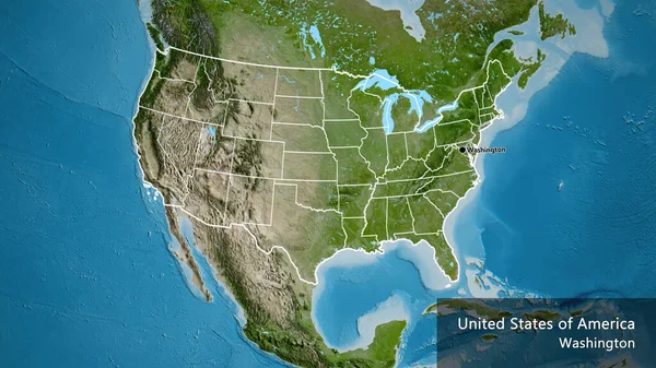 衛星地図上の米国の国境地域とその地域の境界線のクローズアップ 資本ポイント 国の形の周りの概要 英名国とその首都 — ストック写真