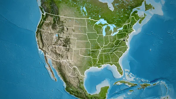 在卫星地图上对美利坚合众国边境地区及其区域边界进行了密切监视 资本点 国家形貌概述 — 图库照片