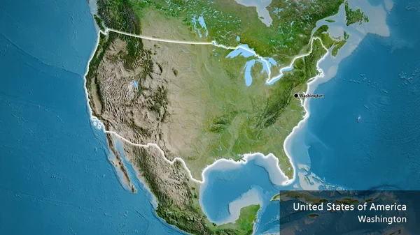 在卫星地图上对美利坚合众国边境地区进行的密切监视 资本点 风靡全国各地 国家及其首都的英文名称 — 图库照片