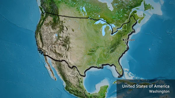 衛星地図上の米国の国境地域の閉鎖 資本ポイント 国の形の縁が隠されています 英名国とその首都 — ストック写真