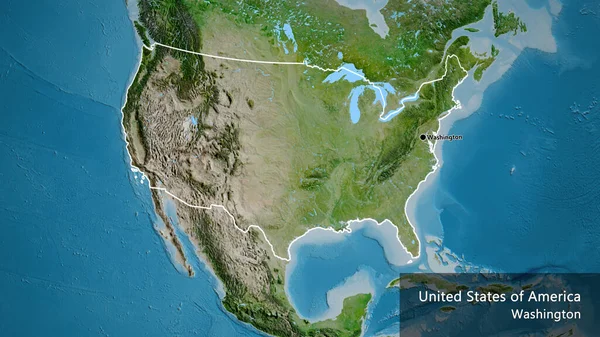 在卫星地图上对美利坚合众国边境地区进行的密切监视 资本点 概略地描述一下国家的面貌 国家及其首都的英文名称 — 图库照片