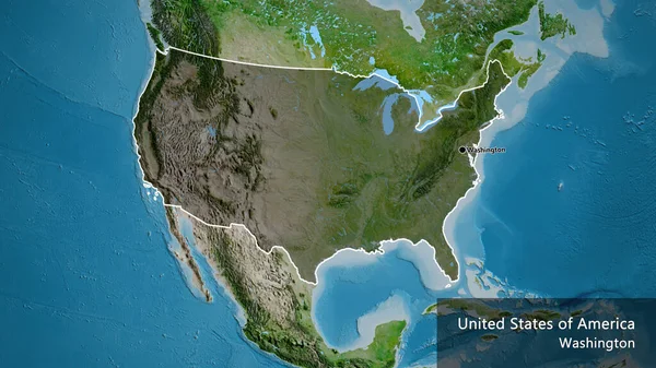 衛星地図上の暗いオーバーレイで強調米国の国境地域のクローズアップ 資本ポイント 国の形の周りの概要 英名国とその首都 — ストック写真