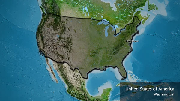 衛星地図上の暗いオーバーレイで強調米国の国境地域のクローズアップ 資本ポイント 国の形の縁が隠されています 英名国とその首都 — ストック写真