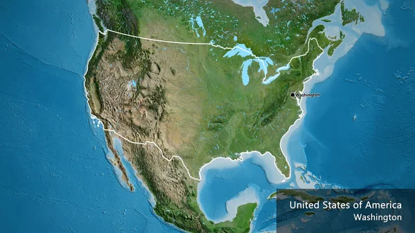 衛星地図上の米国の国境地域の閉鎖 資本ポイント 国の形の周りの概要 英名国とその首都 — ストック写真
