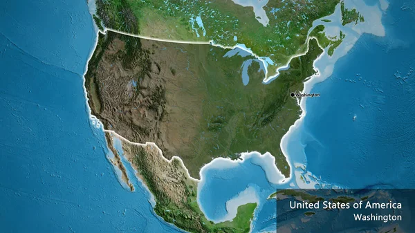 衛星地図上の暗いオーバーレイで強調米国の国境地域のクローズアップ 資本ポイント 国の形の周りに光る 英名国とその首都 — ストック写真
