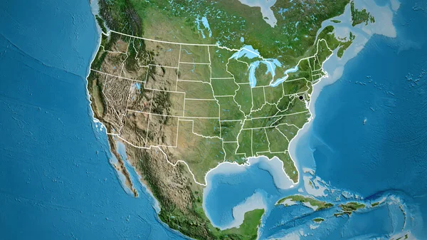 Close-up of the United States of America border area and its regional borders on a satellite map. Capital point. Outline around the country shape.