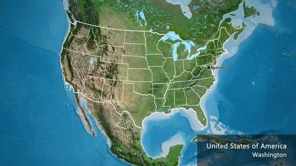 在卫星地图上对美利坚合众国边境地区及其区域边界进行了密切监视 资本点 概略地描述一下国家的面貌 国家及其首都的英文名称 — 图库照片