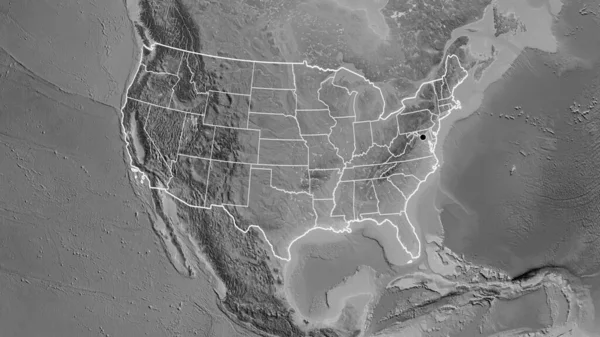Close-up of the United States of America border area and its regional borders on a grayscale map. Capital point. Outline around the country shape.