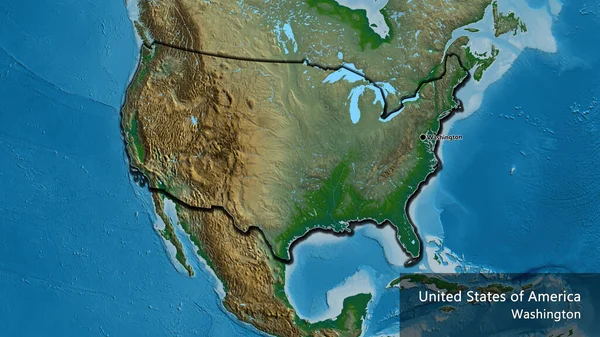 物理的な地図上の米国の国境地域のクローズアップ 資本ポイント 国の形の縁が隠されています 英名国とその首都 — ストック写真