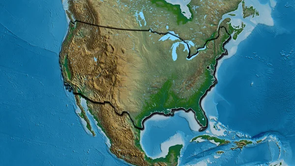 Close-up of the United States of America border area on a physical map. Capital point. Bevelled edges of the country shape.