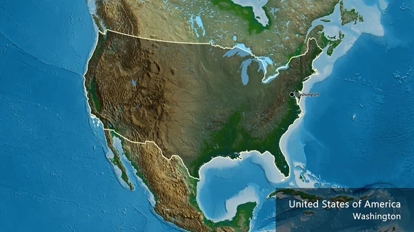 物理的な地図上の暗いオーバーレイで強調米国の国境地域のクローズアップ 資本ポイント 国の形の周りの概要 英名国とその首都 — ストック写真