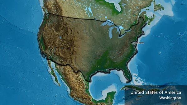 物理的な地図上の暗いオーバーレイで強調米国の国境地域のクローズアップ 資本ポイント 国の形の縁が隠されています 英名国とその首都 — ストック写真