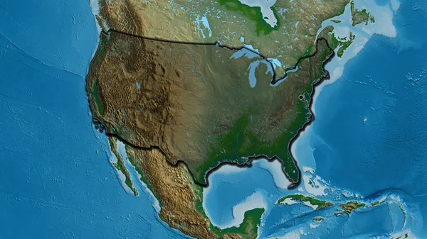 美利坚合众国边境地区的特写镜头 用一张地形图上的黑暗阴影突出显示出来 资本点 国家形状的斜边 — 图库照片