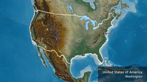 救援マップ上の米国の国境地域のクローズアップ 資本ポイント 国の形の周りに光る 英名国とその首都 — ストック写真