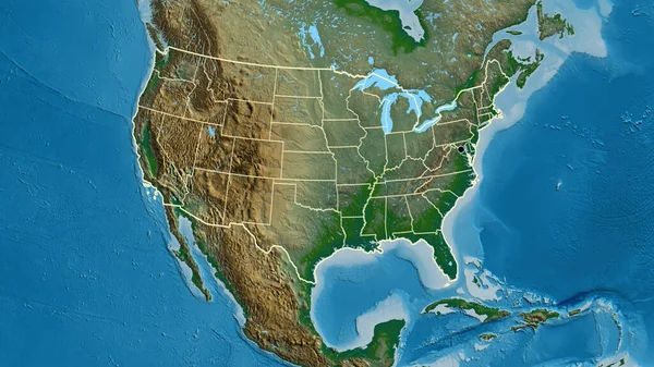 物理的な地図上の米国の国境地域とその地域の境界線のクローズアップ 資本ポイント 全国の概要 — ストック写真