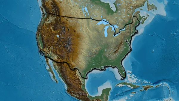 救援マップ上の米国の国境地域のクローズアップ 資本ポイント 国の形の縁が隠されている — ストック写真