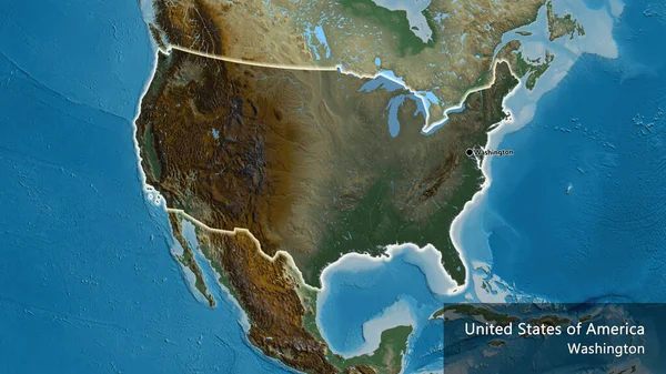 救援地図上の暗いオーバーレイで強調米国の国境地域のクローズアップ 資本ポイント 国の形の周りに光る 英名国とその首都 — ストック写真