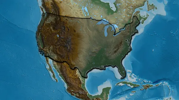 Close-up of the United States of America border area highlighting with a dark overlay on a relief map. Capital point. Bevelled edges of the country shape.