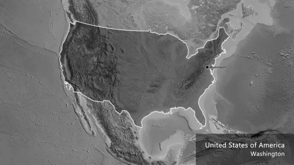 グレースケールの地図上に暗いオーバーレイで強調米国の国境地域のクローズアップ 資本ポイント 国の形の周りの概要 英名国とその首都 — ストック写真