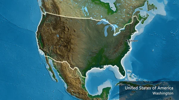 Close-up of the United States of America border area highlighting with a dark overlay on a physical map. Capital point. Glow around the country shape. English name of the country and its capital