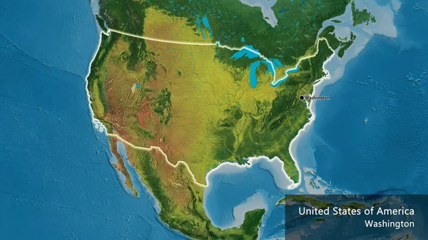 在地形图上对美利坚合众国边境地区进行密切监视 资本点 风靡全国各地 国家及其首都的英文名称 — 图库照片
