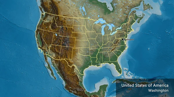 アメリカの国境地域とその地域の境界線が地図上でクローズアップされている 資本ポイント 国の形の周りの概要 英名国とその首都 — ストック写真