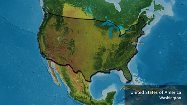 美利坚合众国边境地区的特写镜头 用地形图上的黑暗阴影突出显示 资本点 这个国家的边缘呈斜角状 国家及其首都的英文名称 — 图库照片