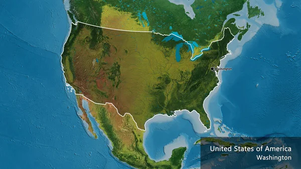 美利坚合众国边境地区的特写镜头 用地形图上的黑暗阴影突出显示 资本点 概略地描述一下国家的面貌 国家及其首都的英文名称 — 图库照片