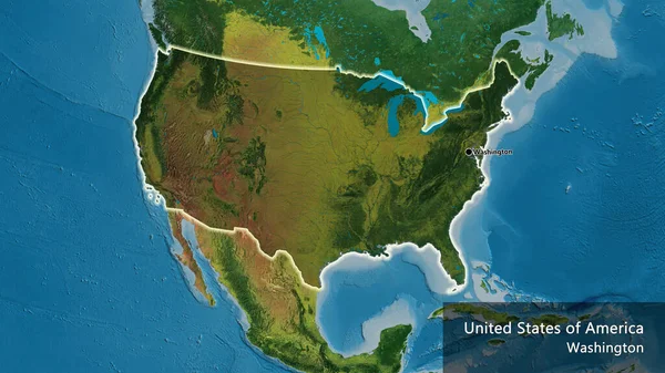 美利坚合众国边境地区的特写镜头 用地形图上的黑暗阴影突出显示 资本点 风靡全国各地 国家及其首都的英文名称 — 图库照片