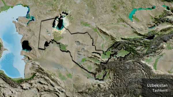 衛星地図上のウズベキスタン国境地帯の閉鎖 資本ポイント 国の形の縁が隠されています 英名国とその首都 — ストック写真