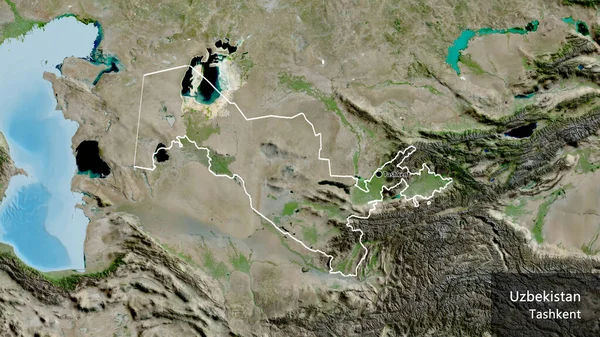 Närbild Uzbekistans Gränsområde Satellitkarta Huvudpunkt Runt Landet Landets Engelska Namn — Stockfoto