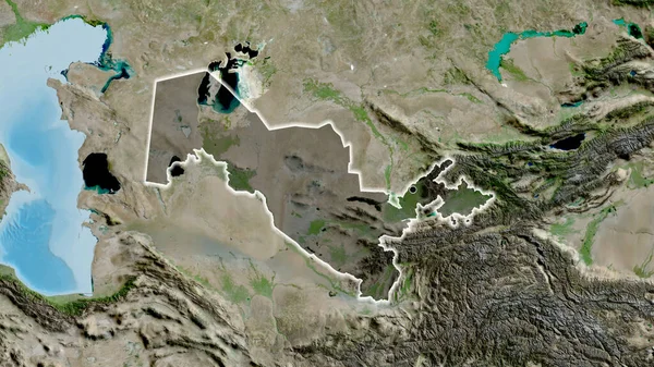衛星地図上の暗いオーバーレイで強調ウズベキスタン国境地域のクローズアップ 資本ポイント 全国に光る — ストック写真