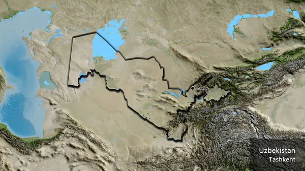 在卫星地图上对乌兹别克斯坦边境地区进行了近距离调查 资本点 这个国家的边缘呈斜角状 国家及其首都的英文名称 — 图库照片