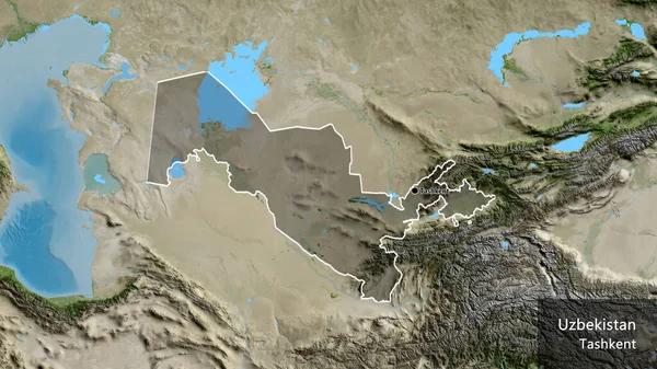 衛星地図上の暗いオーバーレイで強調ウズベキスタン国境地域のクローズアップ 資本ポイント 国の形の周りの概要 英名国とその首都 — ストック写真