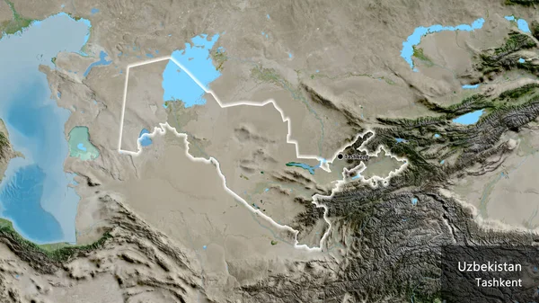 衛星地図上のウズベキスタン国境地帯の閉鎖 資本ポイント 国の形の周りに光る 英名国とその首都 — ストック写真