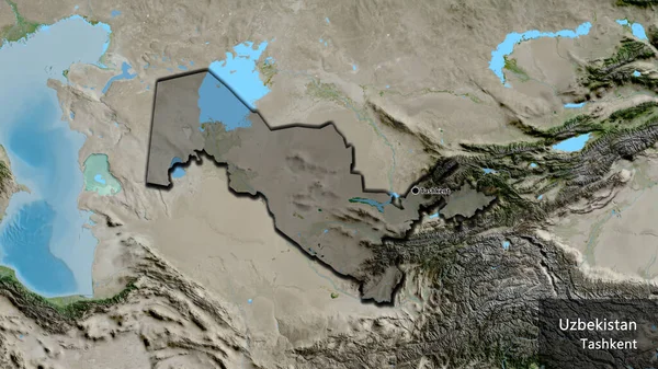 衛星地図上の暗いオーバーレイで強調ウズベキスタン国境地域のクローズアップ 資本ポイント 国の形の縁が隠されています 英名国とその首都 — ストック写真