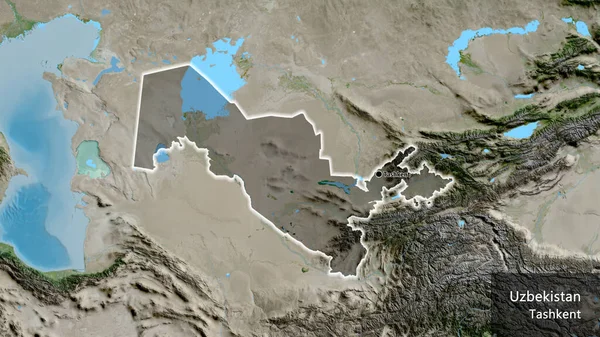 衛星地図上の暗いオーバーレイで強調ウズベキスタン国境地域のクローズアップ 資本ポイント 国の形の周りに光る 英名国とその首都 — ストック写真