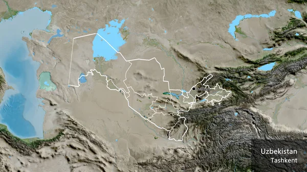 Close-up of the Uzbekistan border area and its regional borders on a satellite map. Capital point. Outline around the country shape. English name of the country and its capital