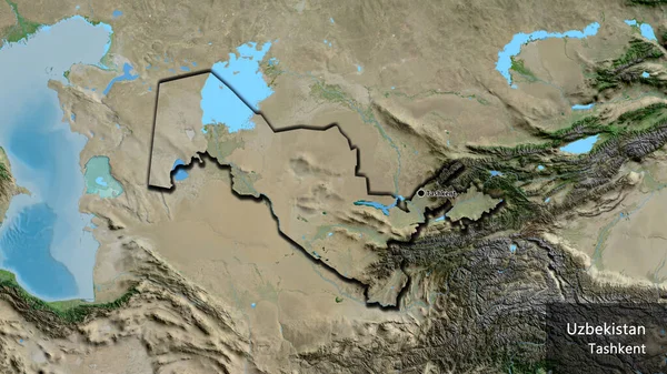 Close-up of the Uzbekistan border area on a satellite map. Capital point. Bevelled edges of the country shape. English name of the country and its capital