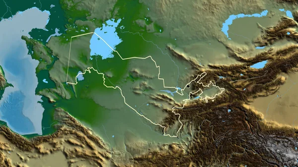 在实际地图上对乌兹别克斯坦边境地区进行的密切监视 资本点 国家形貌概述 — 图库照片
