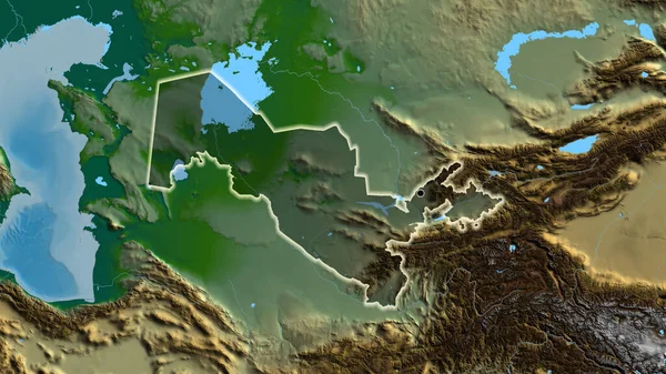 Close-up of the Uzbekistan border area highlighting with a dark overlay on a physical map. Capital point. Glow around the country shape.