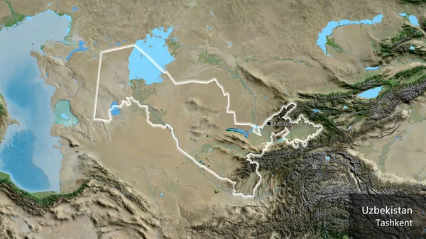 Close Zona Fronteiriça Usbequistão Num Mapa Satélite Ponto Capital Brilha — Fotografia de Stock