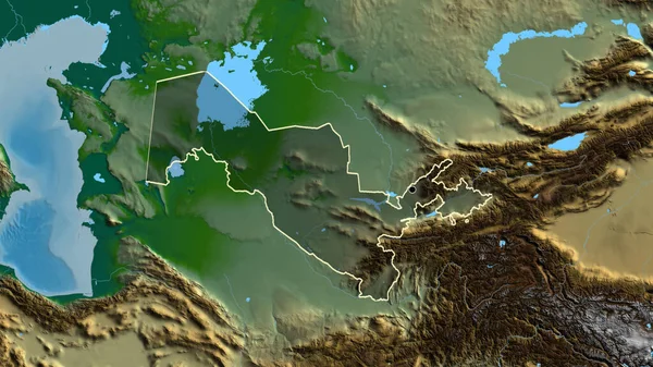 Zbliżenie Strefy Przygranicznej Uzbekistanu Ciemną Nakładką Fizyczną Mapę Główny Punkt — Zdjęcie stockowe