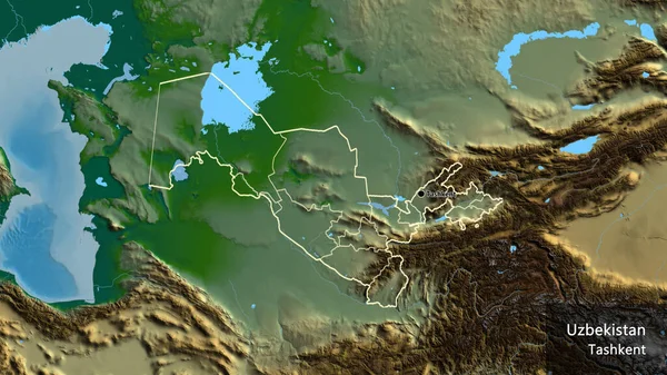 ウズベキスタン国境地域とその地域の境界線の物理的な地図上のクローズアップ 資本ポイント 国の形の周りの概要 英名国とその首都 — ストック写真