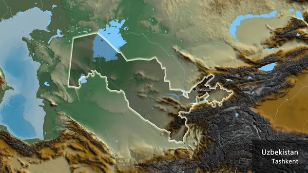 Zbliżenie Strefy Przygranicznej Uzbekistanu Ciemnym Pokryciem Mapie Pomocy Główny Punkt — Zdjęcie stockowe